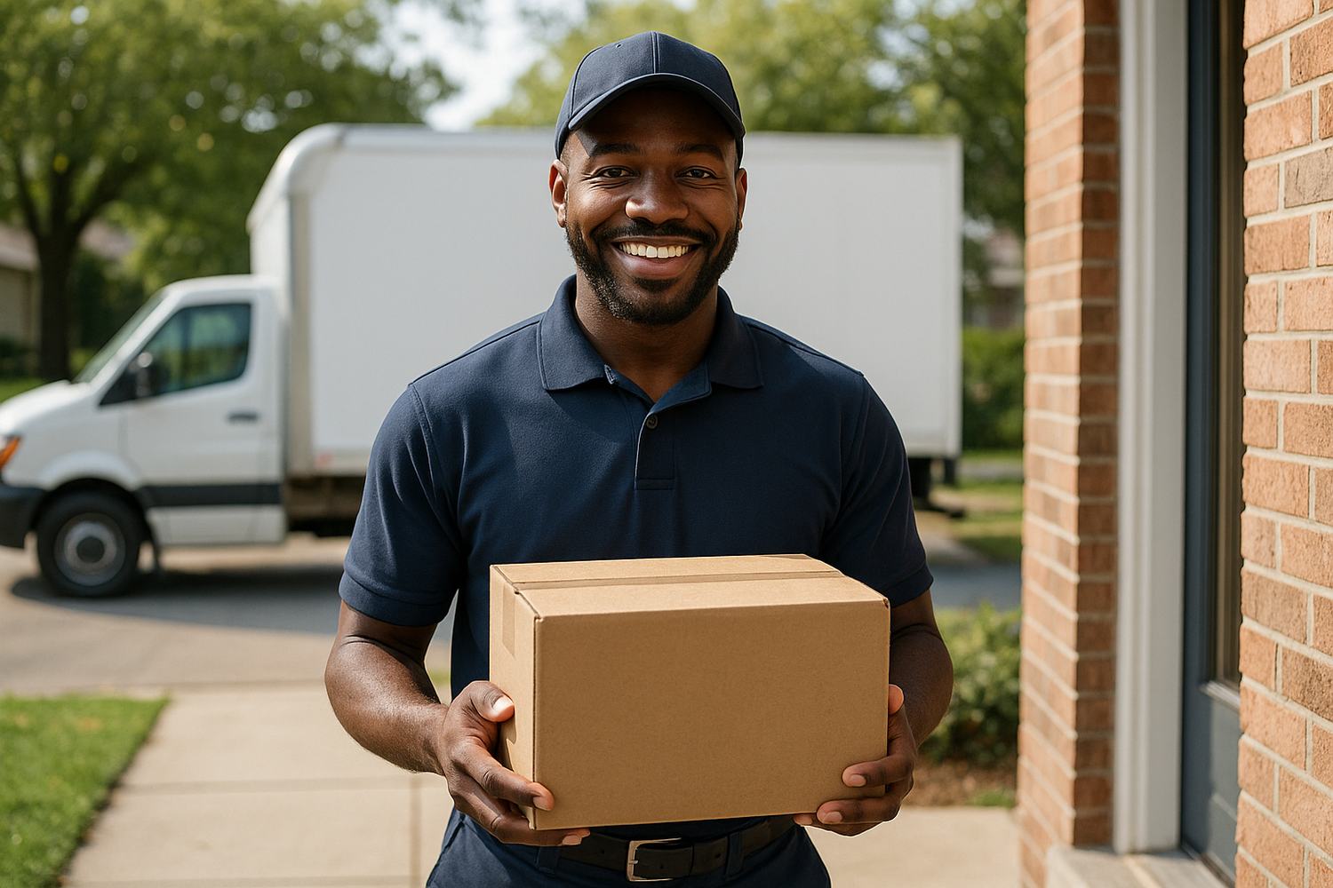 a black delivery guy delivering a package